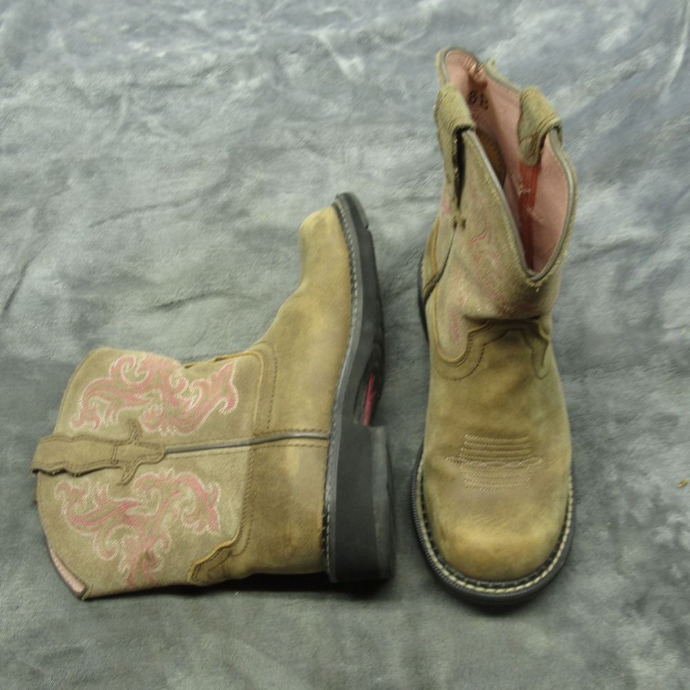 Ariat Girls Boots 6 B Pink Embroidered Tan Leather Square Toe Fatbaby II Cowboy